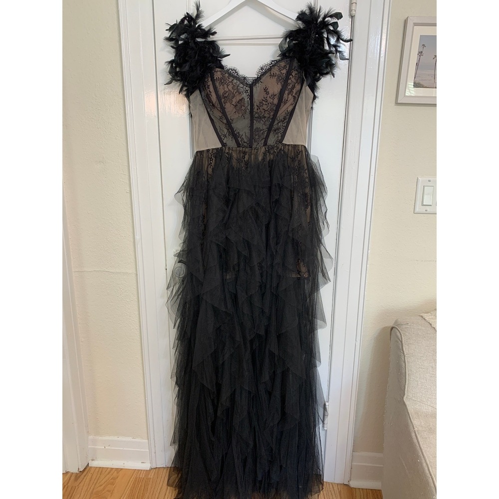 Off-Shoulder Black Lace & Tulle Prom Dress - Picture 7 of 16